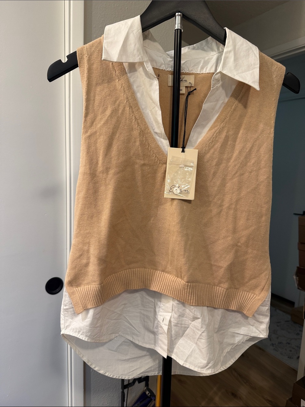 Elan Beige V-Neck Sweater Vest with White Shirt Layer size M